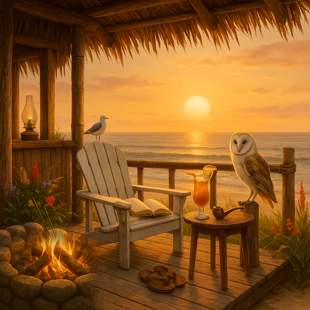Porch Reflections № XXIII: The Alarm That Wasn't. A wise old owl perched on the rail post of a Cape Cod porch at dusk over calm water, an empty rocking chair beside a small table with a glass, the last amber light fading on the far horizon.